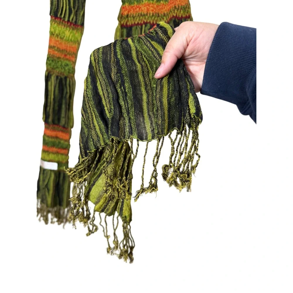 PASHMINA Scarf 55% Pashmina 45% Silk Stripe Fringe Green Orange Red‎